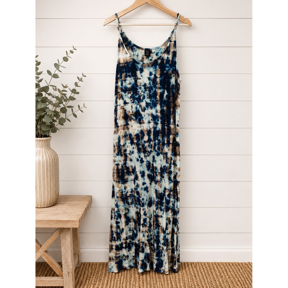 Riviera Sun Maxi Dress Womens 2X Blue Tie Dye Braided Strap Sleeveless